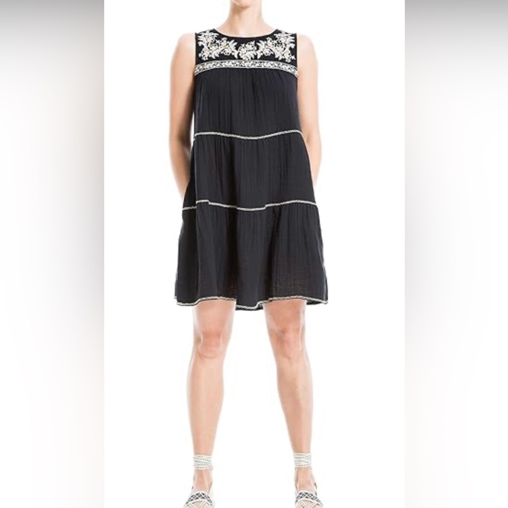 Max Studio Black Sleeveless Floral Embroidered Cotton Dress Size S
